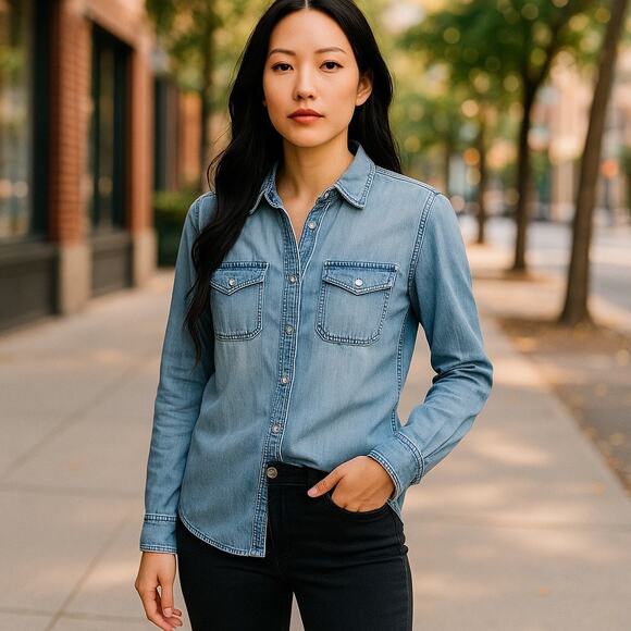 MNG Mango Women’s Minimalist Denim Chambrey Button down Shirt XXS - Picture 1 of 6